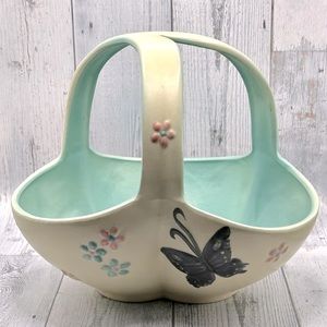 1956 Vintage Hull Pottery Tri Handle Butterfly & Flower Basket Large USA56